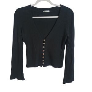 Reformation Gellar Ribbed Knit Top Women's Medium M Black Button Up Bell Sleeve